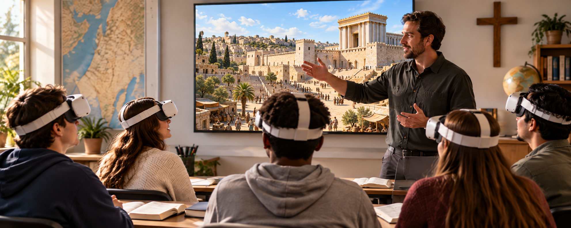 A guide teaching a group on a boat on the Sea of Galilee